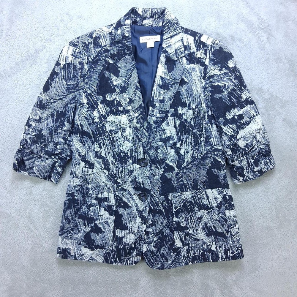 Coldwater Creek Womens Abstract Print Linen Blend Blazer Blue White Size 8
